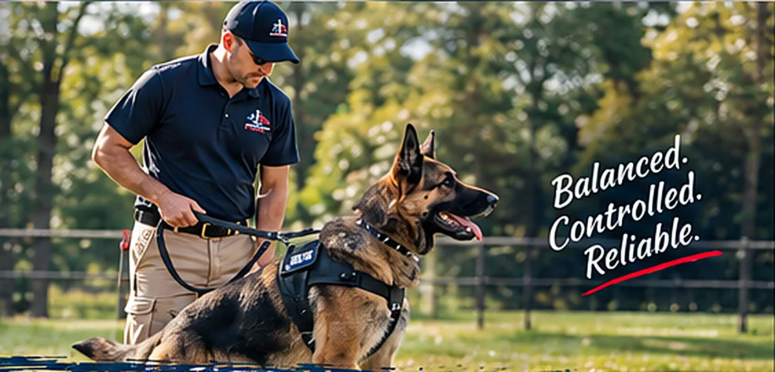 Professional trainer with a German Shepherd in a working harness
